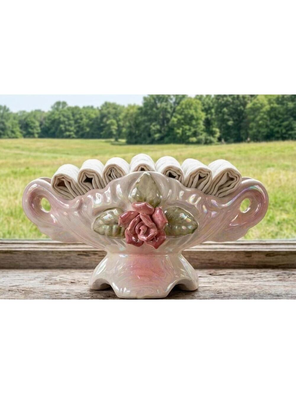 Vintage Pink Lusterware Footed Vanity Dish Rose & Leaf - Bridgerton Regencycore - Picture 2 of 15